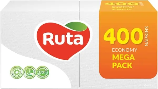 Серветки білі Ruta Mega Pack 24х24 см 1-но шарові 400 шт/уп (744622)