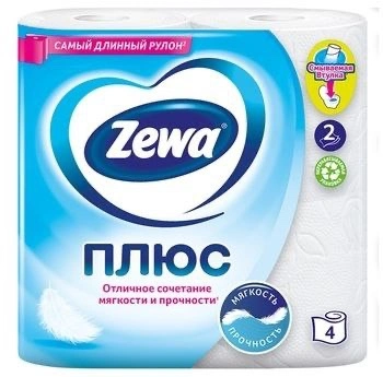 Туалетний папір Zewa Плюс целюлозний 2-х шаровий 4 рул на гільзі білий (144051)