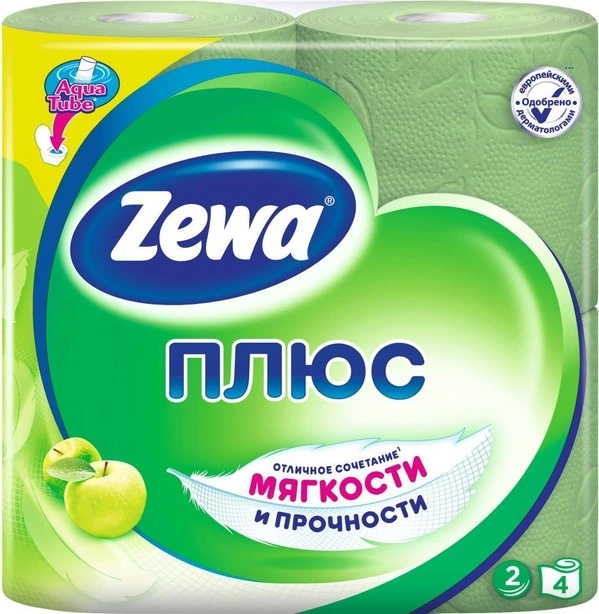 Туалетний папір Zewa Плюс Яблуко целюлозний 2-х шаровий 4 рул на гільзі зелений (144004)
