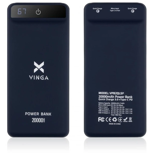 Повербанк Vinga VPB2QLSP 20000 mAh QC3.0 Display soft touch purple (U0399402). Фото 7