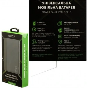 Повербанк Vinga VPB1QPALD 10000 mAh QC3.0+PD 3 ports LCD metal (U0543287). Фото 5
