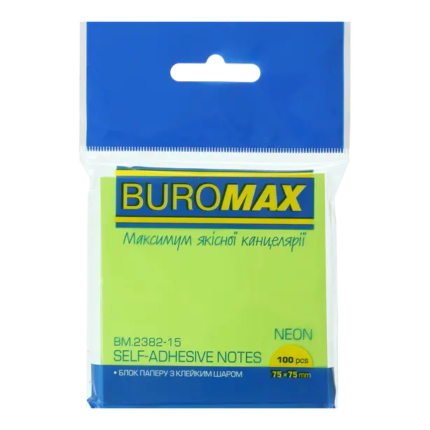 Стікер для нотаток Buromax 76х76мм 100арк. Neon зелений (BM.2382-15)