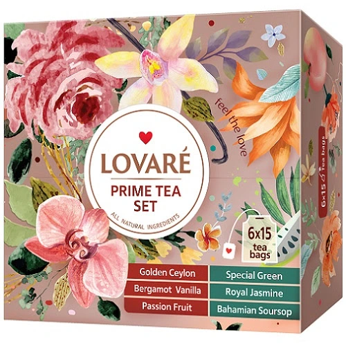 Чай в пакетиках LOVARE Prime асорті" 90 пак, 6 смаків Х 18шт (879914)