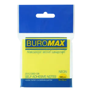 Стікер для нотаток Buromax 76х76мм 100арк. Neon жовтий (BM.2382-08)