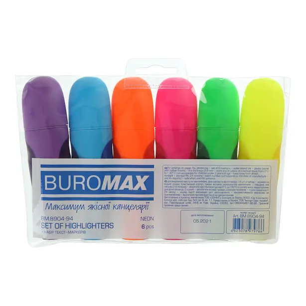 Набір текстових маркерів Buromax NEON асорті 2-4 мм клиноподібний блістер 6 шт. (BM.8904-94). Фото 2