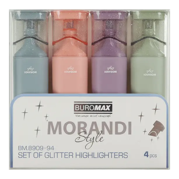Набір текстових маркерів MORANDI STYLE Glitter від BURОМAХ 2-4,5 мм рожевий, бузковий, оливковий, графітовий4шт  (BM.8909-94)