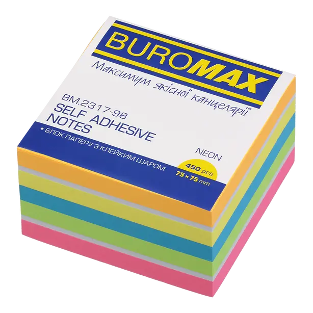 Стікер  для нотаток Buromax 75х75мм 450арк  неон 5 кольорів+білий (BM.2317-98)
