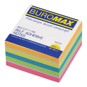 Стікер  для нотаток Buromax 75х75мм 450арк  неон 5 кольорів+білий (BM.2317-98)