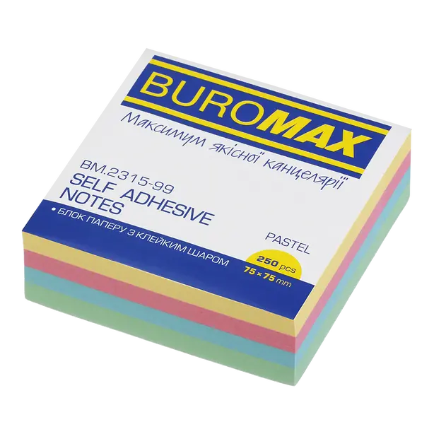 Стікер  для нотаток Buromax 75х75мм 250арк пастель (BM.2315-99)