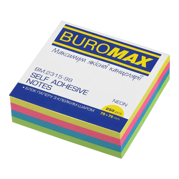 Стікер  для нотаток Buromax 75х75мм 250арк  неон (BM.2315-98)