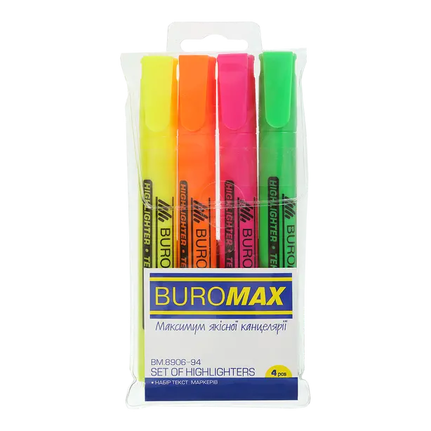 Набір текстових маркерів Buromax асорті 1-4.6 мм клиноподібний блістер 4 шт (BM.8906-94)