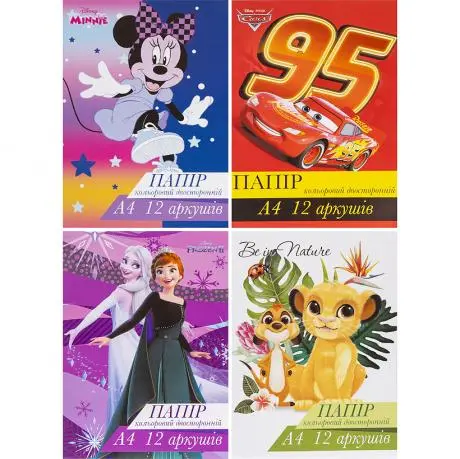 Папір кольоровий А4 двосторонній 12 листів 12 кольорів Disney  (ТЕ13036)