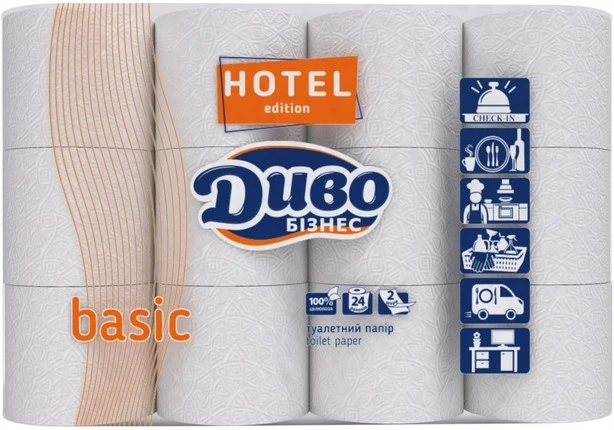 Туалетний папір Диво Hotel basic бізнес білий 2-х шаровий білий 24 рул на гільзі (837788)