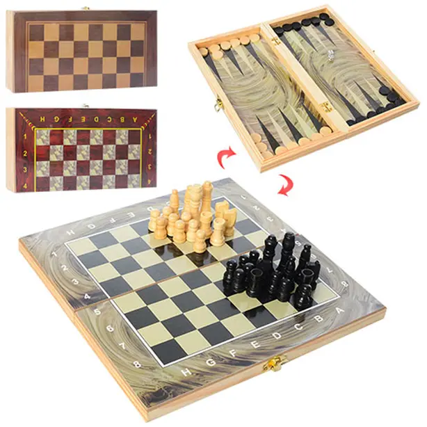  Дерев'яний набір шахмат 3в1 Шахи шашки нарди дошка Hechpro  подарунок ігрові кості (ТБ9082)
