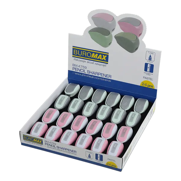 Чинка Buromax Pastel з контейнером на 1 отвір ручна колір асорті (BM.4759)