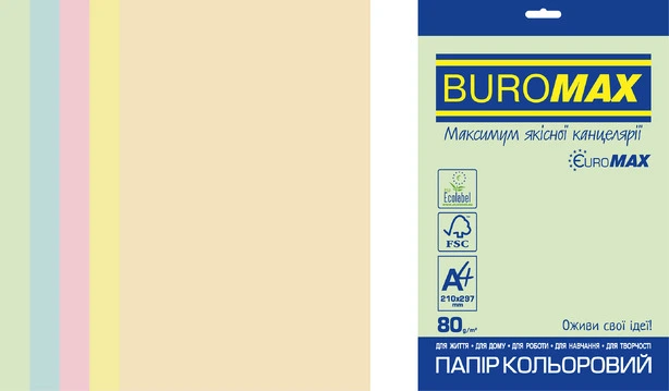 Набір офісного кольорового паперу Buromax Pastel А4 80 г/м2 5 кольорів 50 аркушів (BM.2721250E-99)