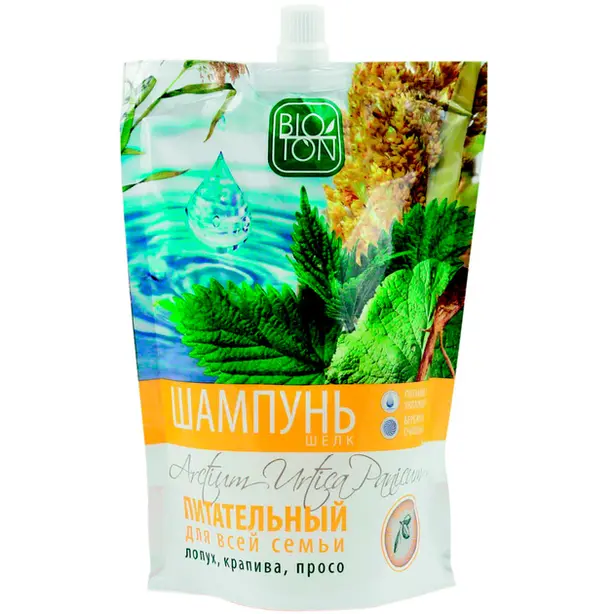 Шампунь-шовк формула Bioton Cosmetics поживний з лопухом, кропивою і просом для всієї сім'ї дой-пак 500 мл (147550)