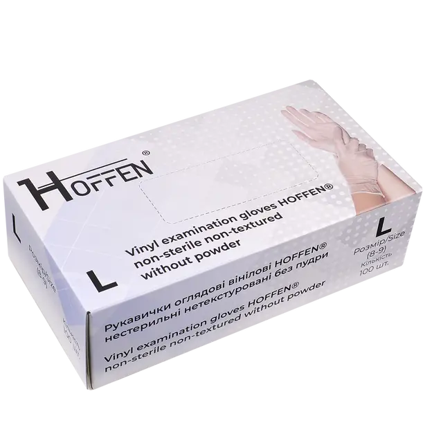Рукавички HOFFEN вінілові неопудрені прозорі L 100 шт./уп. (15404) 
