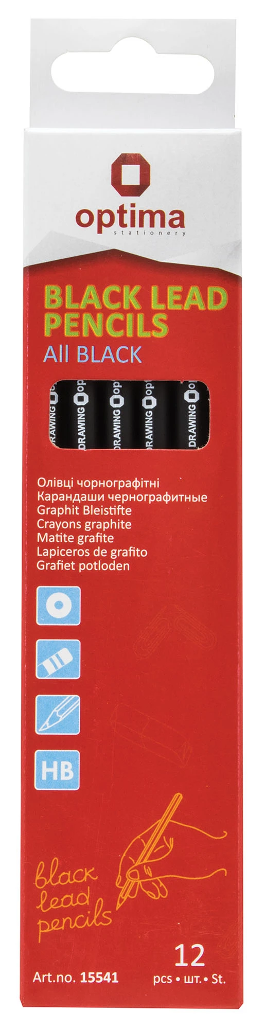 Олівець чорнографітний Optima чорний дерев'яний круглий HB з гумкою (O15541)