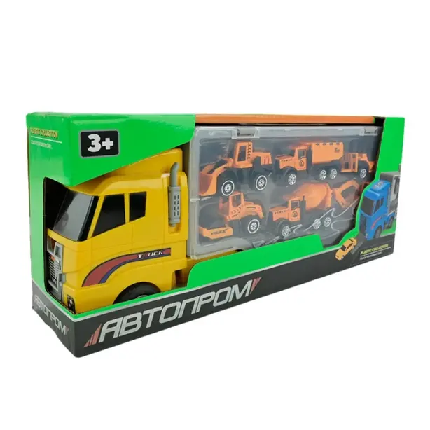 Трейлер із машинками Автопром PS006-4 будівельна техніка 6 шт. 34,5×14,9×9,5 см (269112)