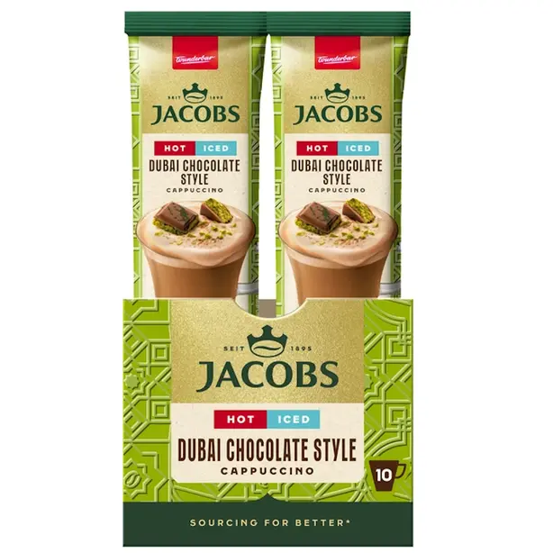 Кава розчинна у стіках 3в1 Jacobs Cappuccino Дубайський шоколод 19,5 г х 1 шт (692455). Фото 5