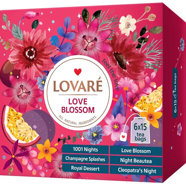 Чай в пакетиках Lovare Love Blossom асорті 90 шт. х 2 г 6 смаків х 15 шт (784929)