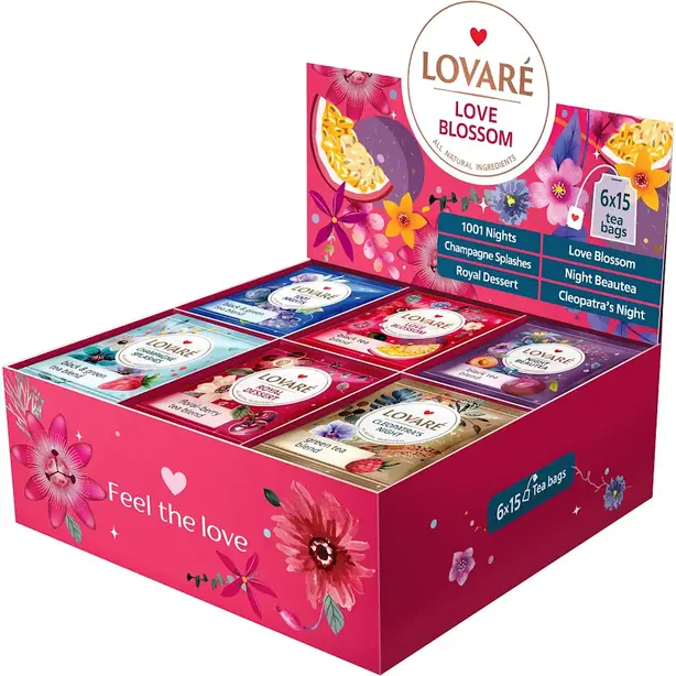 Чай в пакетиках Lovare Love Blossom асорті 90 шт. х 2 г 6 смаків х 15 шт (784929). Фото 3