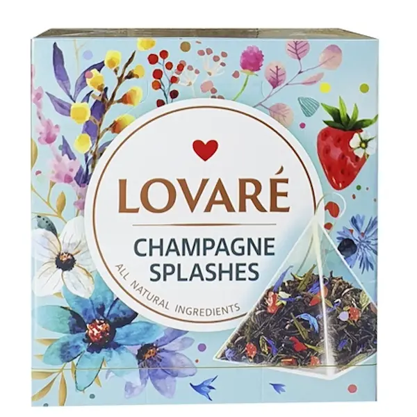 Чай LOVARE Champagne Splashes чорний з зеленим з ароматом суниці в пірамідках 15 шт х 2 г (874612). Фото 2