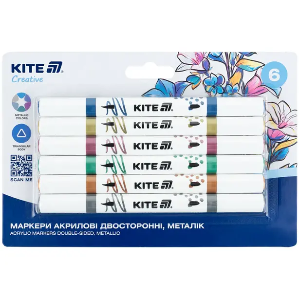 Маркери акрилові Kite Creative двосторонні 6 штук  металік (K-1294)