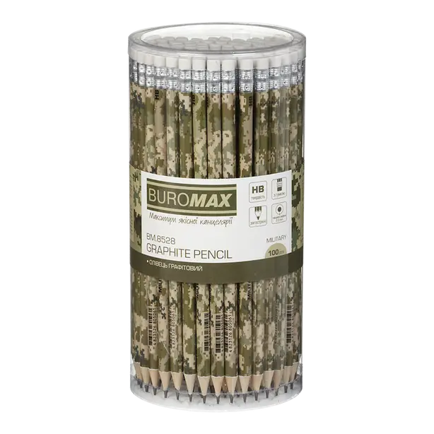 Олівець чорнографітний Buromax  MILITARY дерев'яний круглий HB з гумкою (BM.8528). Фото 3