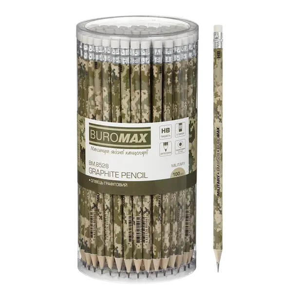 Олівець чорнографітний Buromax  MILITARY дерев'яний круглий HB з гумкою (BM.8528). Фото 2