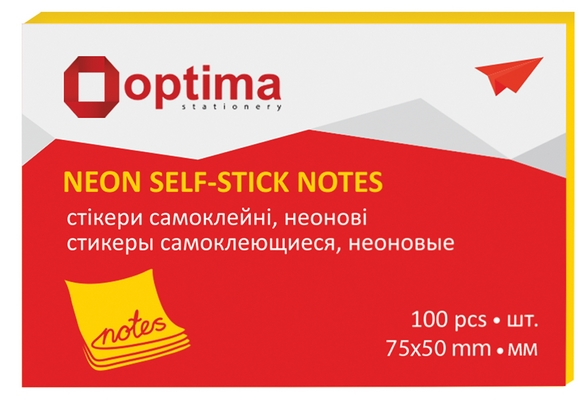 Блок для нотаток з клейким шаром Optima75х50 мм 100 арк неон жовтий (O25512-05)