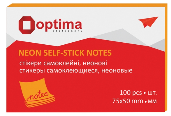 Блок для нотаток з клейким шаром Optima 75х50 мм 100 арк. неон помаранчевий (O25512-06)