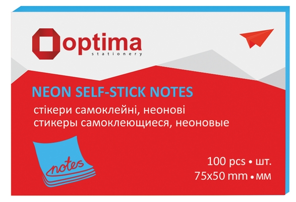 Блок для нотаток з клейким шаром Optima 75х50 мм 100 арк. неон блакитний (O25512-11)