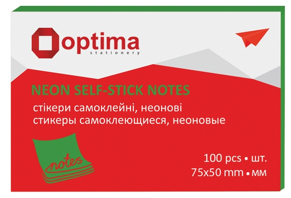 Блок для нотаток з клейким шаром Optima 75х50 мм 100 арк. неон салатовий (O25512-13)