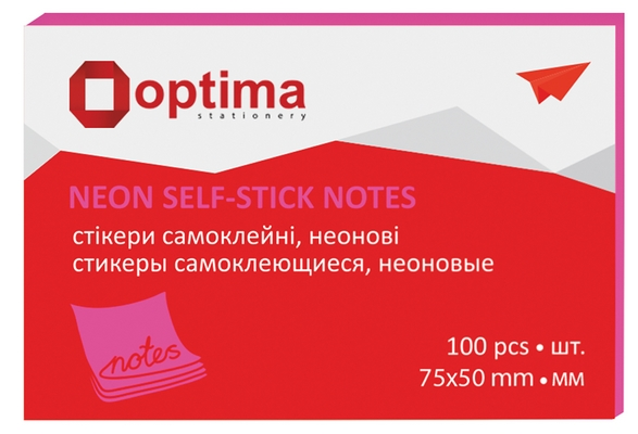 Блок для нотаток з клейким шаром Optima 75х50 мм 100 арк. неон малиновий (O25512-47)