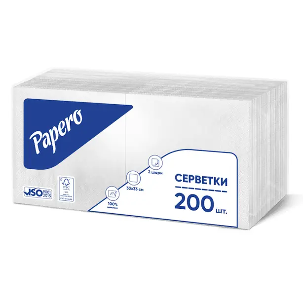 Серветки Papero 33х33 см 2-ох шарові білі 200 шт/уп (NL550)