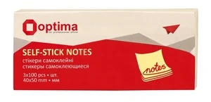 Блок для нотаток з клейким шаром Optima 40х50 мм, 3х100 арк. жовтий (O25501)
