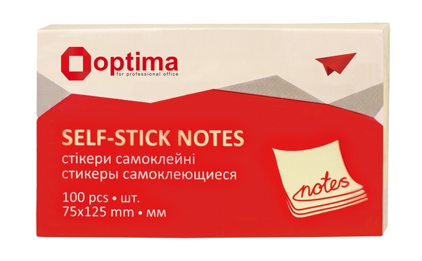 Блок для нотаток з клейким шаром Optima 75х125 мм 100 арк. жовтий (O25504)