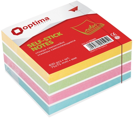 Стікер для нотаток з клейким шаром Optima 75х75 мм 400 арк. пастель мікс (O25505)