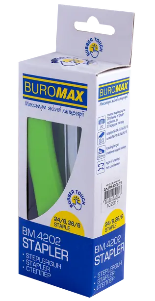 Степлер пластиковий Buromax RUBBER TOUCH № 24/6 - 26/6 до 20арк. салатовий (BM.4202-15). Фото 2