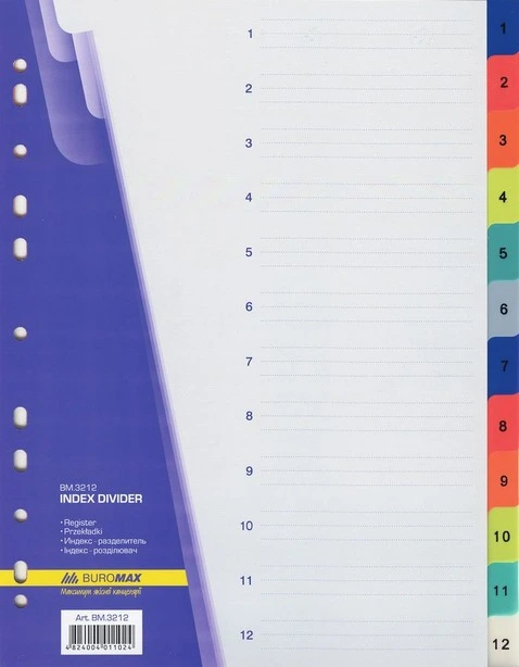 Розділювач цифровий Buromax A4 від 1 до 12 асорті пластик 12 шт. (BM.3212)