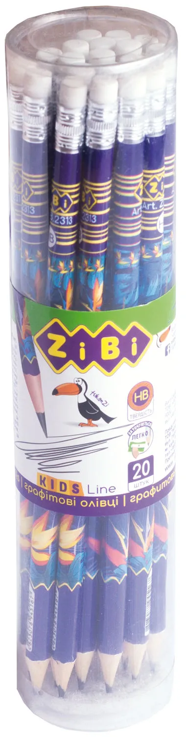 Олівець чорнографітний ZiBi асорті дерев'яний круглий HB з гумкою (ZB.2313-20)