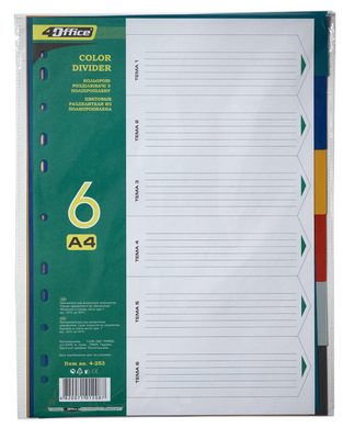 Розділювач кольоровий 4OFFICE A4 6 кольорів асорті пластик 6 шт. 4-253 (03080400)