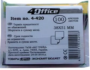 Стікер клейкий 4Office 38х51мм 100арк. колір в асортименті 4-420-22 (02041443)