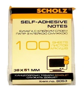 Стікер клейкий SCHOLZ 38х51мм 100арк. жовтий (8053)