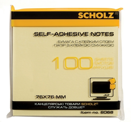 Стікер клейкий SCHOLZ 76х76мм 100арк. жовтий 8068 (02041393)