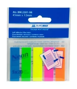Закладки пластиковий з клейким шаром Buromax 45x12мм 5х20арк. NEON JOBMAX асорті (BM.2301-98)