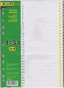 Розділювач цифровий 4OFFICE A4 від 1 до 31 білий пластик 31 шт. 4-255 (03080420)