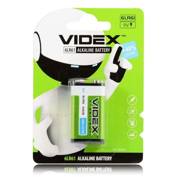 Батарейка  крона Videx 6LR61/9-volt лужні 9V/600 mAh 1 шт/уп. (291604)